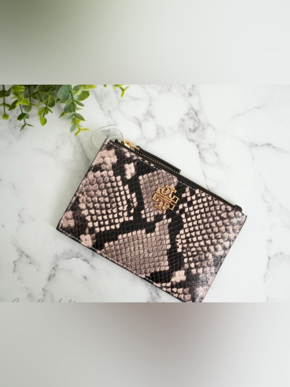 Tory Burch Pink and Black Snake-Embossed Zip Pouch